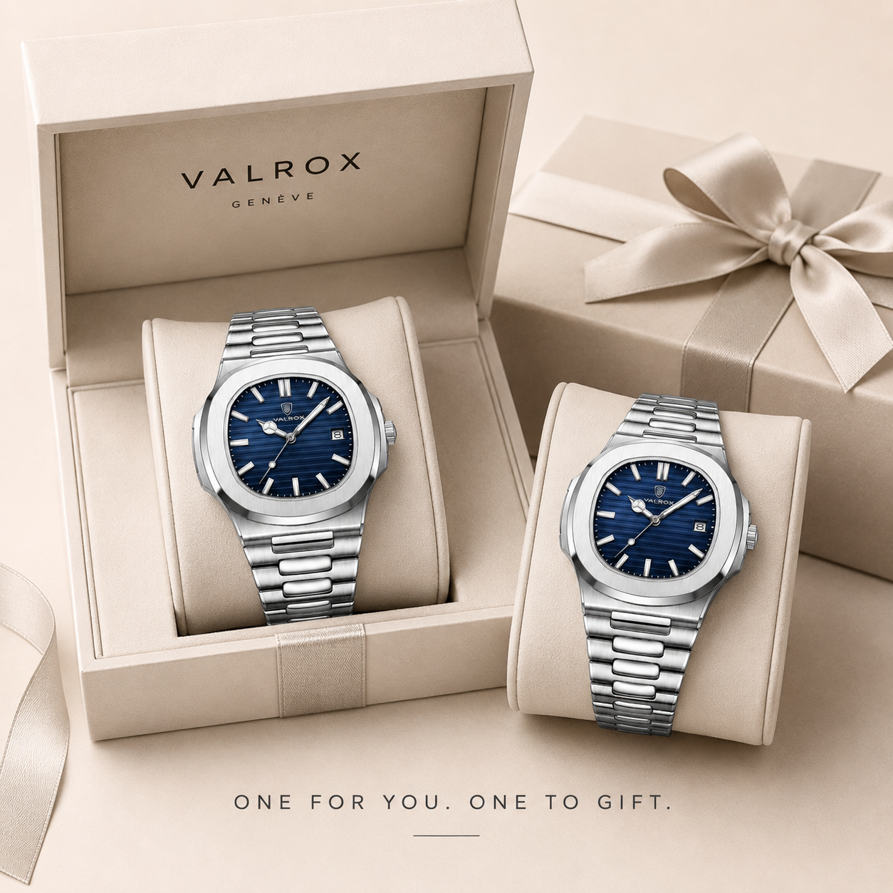 Two VALROX GENEVE steel dress watches presented side by side in branded gift boxes